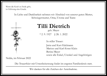 Traueranzeige von Tilli Dietrich von Kreis-Anzeiger