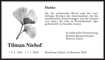 Traueranzeige von Tilman Niehof von Alsfelder Allgemeine
