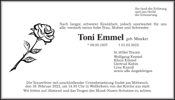 Traueranzeige von Toni Emmel von Kreis-Anzeiger