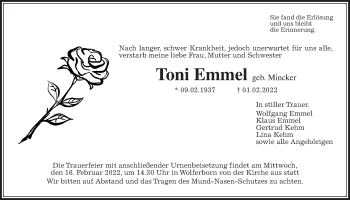 Traueranzeige von Toni Emmel von Kreis-Anzeiger