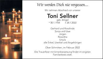 Traueranzeige von Toni Sellner von Kreis-Anzeiger