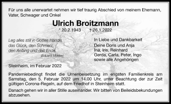 Traueranzeige von Ulrich Broitzmann von Licher Wochenblatt