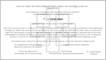 Traueranzeige von Ulrich Heyn von Alsfelder Allgemeine