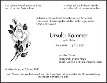 Traueranzeige von Ursula Kammer von Wetterauer Zeitung