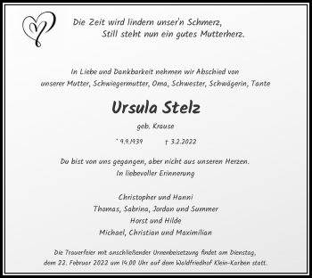 Traueranzeige von Ursula Stelz von Bad Vilbel/Karben