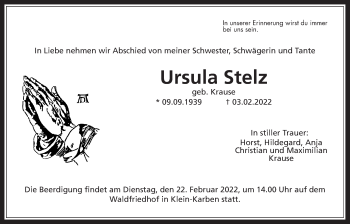 Traueranzeige von Ursula Stelz von Bad Vilbel/Karben