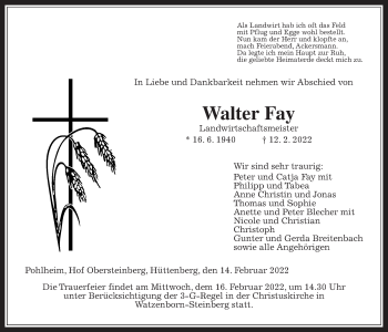 Traueranzeige von Walter Fay von Giessener Anzeiger, Giessener Allgemeine, Alsfelder Allgemeine