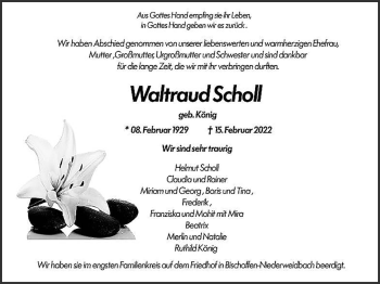 Traueranzeige von Waltraud Scholl von Giessener Allgemeine, Alsfelder Allgemeine, Giessener Anzeiger