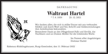 Traueranzeige von Waltraut Hartel von Giessener Allgemeine, Alsfelder Allgemeine