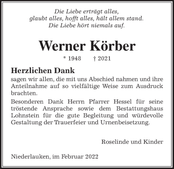 Traueranzeige von Werner Körber von Usinger Anzeiger