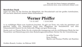 Traueranzeige von Werner Pfeiffer von Giessener Allgemeine, Alsfelder Allgemeine, Giessener Anzeiger