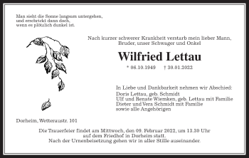 Traueranzeige von Wilfried Lettau von Wetterauer Zeitung