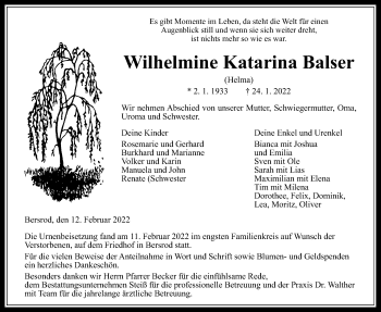 Traueranzeige von Wilhelmine Katarina Balser von Giessener Allgemeine, Alsfelder Allgemeine