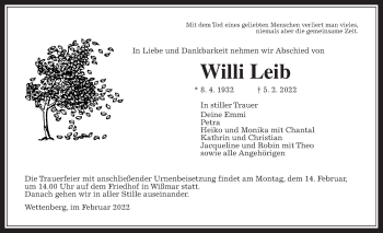 Traueranzeige von Willi Leib von Giessener Allgemeine, Alsfelder Allgemeine