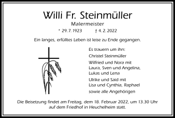 Traueranzeige von Willi Fr. Steinmüller von Giessener Allgemeine, Alsfelder Allgemeine, Giessener Anzeiger