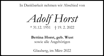 Traueranzeige von Adolf Horst von Kreis-Anzeiger