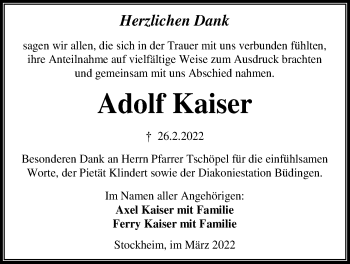 Traueranzeige von Adolf Kaiser von Kreis-Anzeiger
