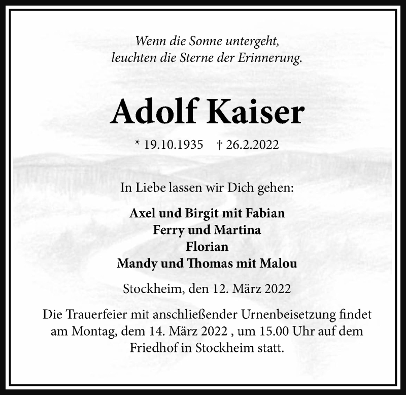  Traueranzeige für Adolf Kaiser vom 09.03.2022 aus Kreis-Anzeiger