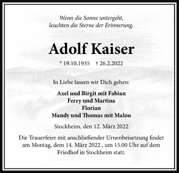 Traueranzeige von Adolf Kaiser von Kreis-Anzeiger