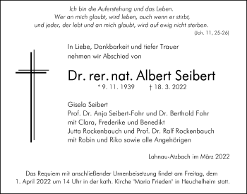 Traueranzeige von Albert Seibert von Giessener Allgemeine, Alsfelder Allgemeine