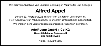 Traueranzeige von Alfred Appel von Kreis-Anzeiger