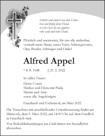 Traueranzeige von Alfred Appel von Kreis-Anzeiger