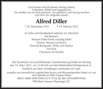 Traueranzeige von Alfred Diller von Bad Vilbel/Karben