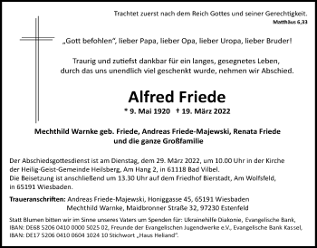Traueranzeige von Alfred Friede von Wetterauer Zeitung