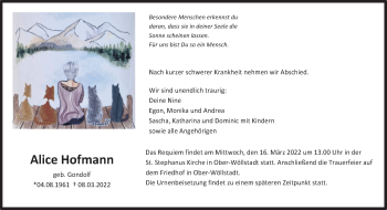 Traueranzeige von Alice Hofmann von Wetterauer Zeitung