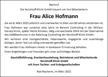 Traueranzeige von Alice Hofmann von Wetterauer Zeitung