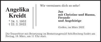 Traueranzeige von Angelika Angelika von Alsfelder Allgemeine, Giessener Allgemeine