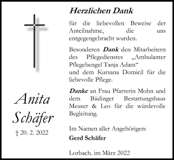 Traueranzeige von Anita Schäfer von Kreis-Anzeiger