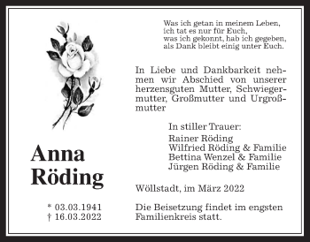 Traueranzeige von Anna Röding von Wetterauer Zeitung
