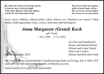 Traueranzeige von Anna Magarete  Koch von Licher Wochenblatt