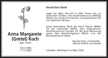 Traueranzeige von Anna Margarete Koch von Licher Wochenblatt