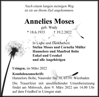 Traueranzeige von Annelies Moses von Usinger Anzeiger