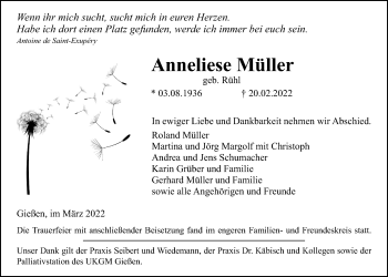 Traueranzeige von Anneliese Müller von Giessener Allgemeine, Alsfelder Allgemeine, Giessener Anzeiger