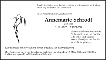 Traueranzeige von Annemarie Schrodt von Wetterauer Zeitung