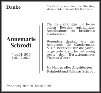 Traueranzeige von Annemarie Schrodt von Wetterauer Zeitung