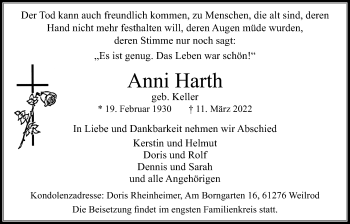 Traueranzeige von Anni Harth von Usinger Anzeiger