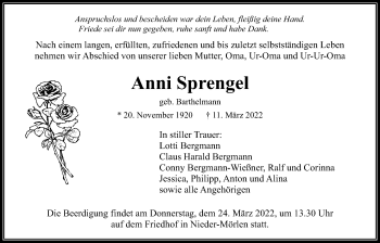 Traueranzeige von Anni Sprengel von Wetterauer Zeitung