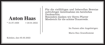 Traueranzeige von Anton Haas von Wetterauer Zeitung, Kreis-Anzeiger