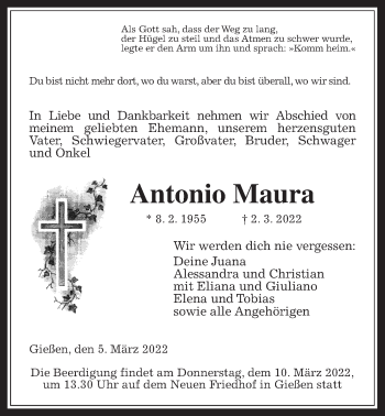 Traueranzeige von Antonio Maura von Giessener Allgemeine, Alsfelder Allgemeine