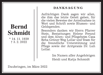 Traueranzeige von Bernd Schmidt von Giessener Allgemeine, Alsfelder Allgemeine, Giessener Anzeiger