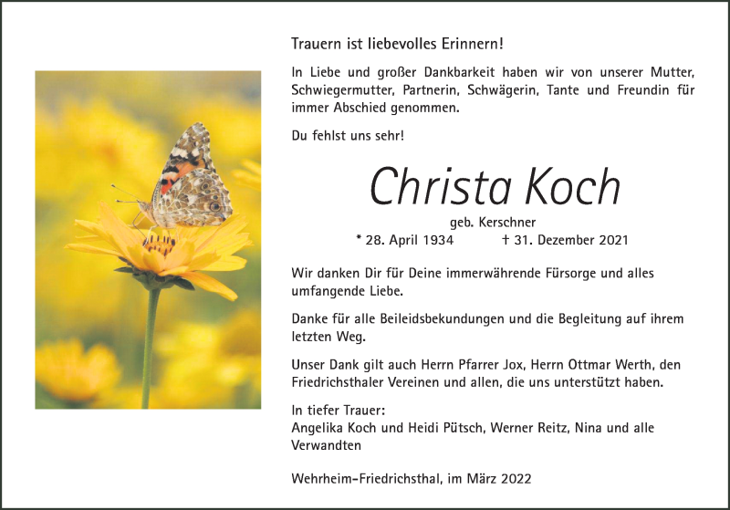  Traueranzeige für Christa Koch vom 19.03.2022 aus Usinger Anzeiger