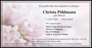 Traueranzeige von Christa Pöhlmann von Wetterauer Zeitung