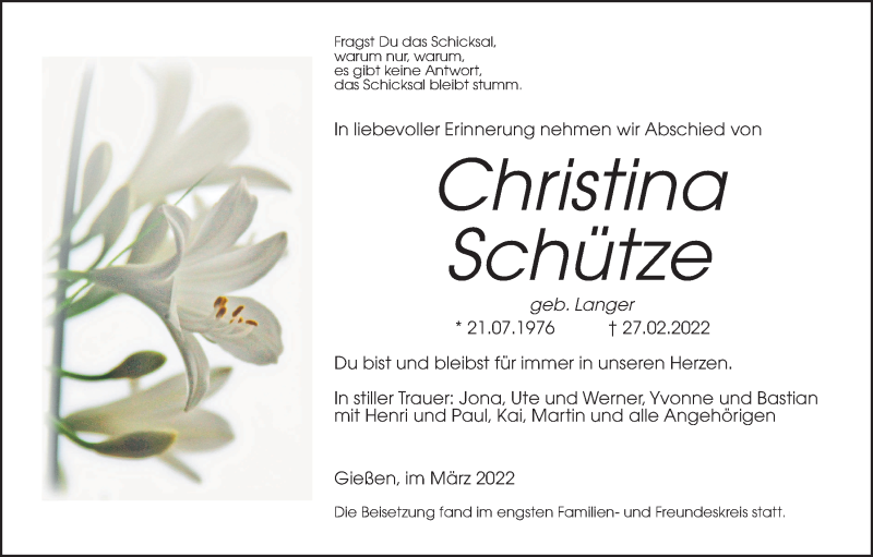  Traueranzeige für Christina Schütze vom 19.03.2022 aus Giessener Allgemeine, Alsfelder Allgemeine
