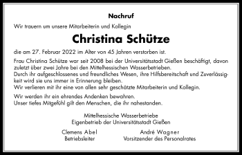 Traueranzeige von Christina Schütze von Giessener Allgemeine, Alsfelder Allgemeine, Giessener Anzeiger