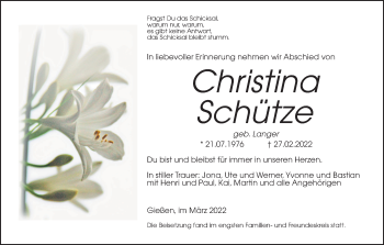 Traueranzeige von Christina Schütze von Giessener Allgemeine, Alsfelder Allgemeine