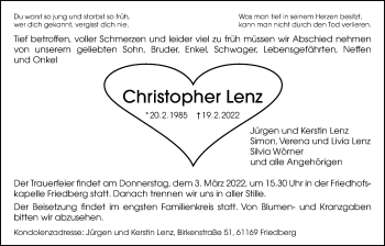 Traueranzeige von Christopher Lenz von Wetterauer Zeitung